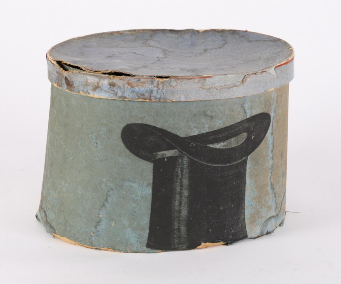 WALLPAPERED HAT BOX with PRINTED TOP HAT: 9 x 11 x 12 1/4 inches