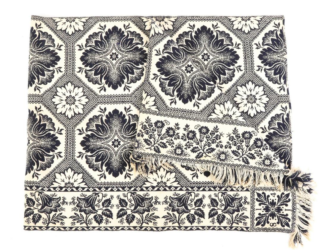 1841 BLUE AND WHITE COVERLET: 78 x 98 inches (approx)