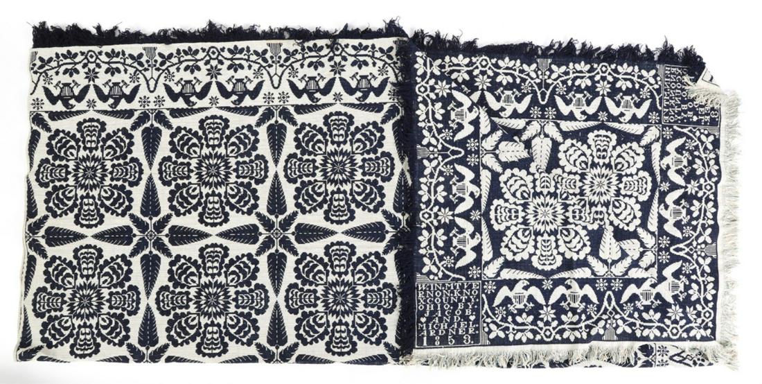 1853 JACOB & MICHEAL ARDNER KNOX COUNTY COVERLET: Stylized repeating floral motif with a boarder of swags and American Eagles. Mount Vernon, Knox County Ohio 1853. 78 x 84 inches (approx)
