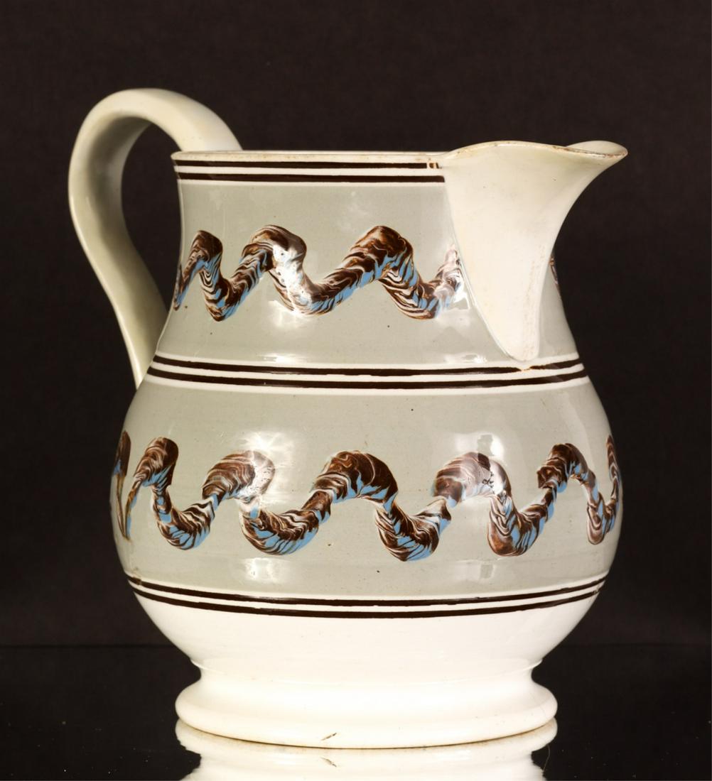 BRITISH MOCHA WARE PITCHER c1820: (2) Bands of putty fields with earthworm patterns. pearlware. 8 inches