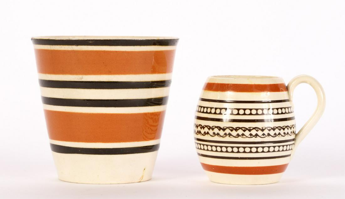 BRITISH MOCHAWARE BEAKER and BARREL FORM MUG: Each with concentric rings and apricot fields. 3 1/4 x 2 1/2 inches