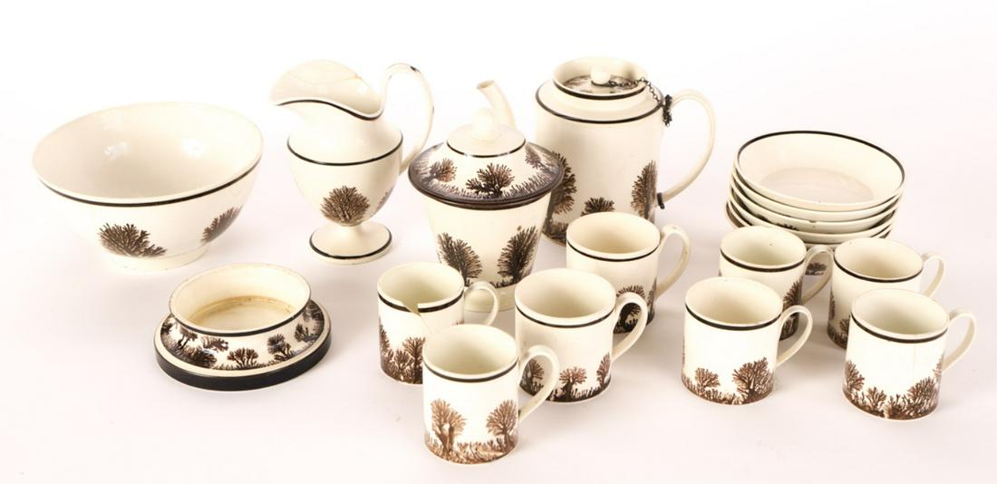 (18th / 19th c) MOCHA FRENCH CREIL TEA SET: Including: Teapot, waste bowl, creamer, sugar. (8) tea cups and (6) saucers. teapot 5 inches. N.B. Purchased in 2002 for $4,500.