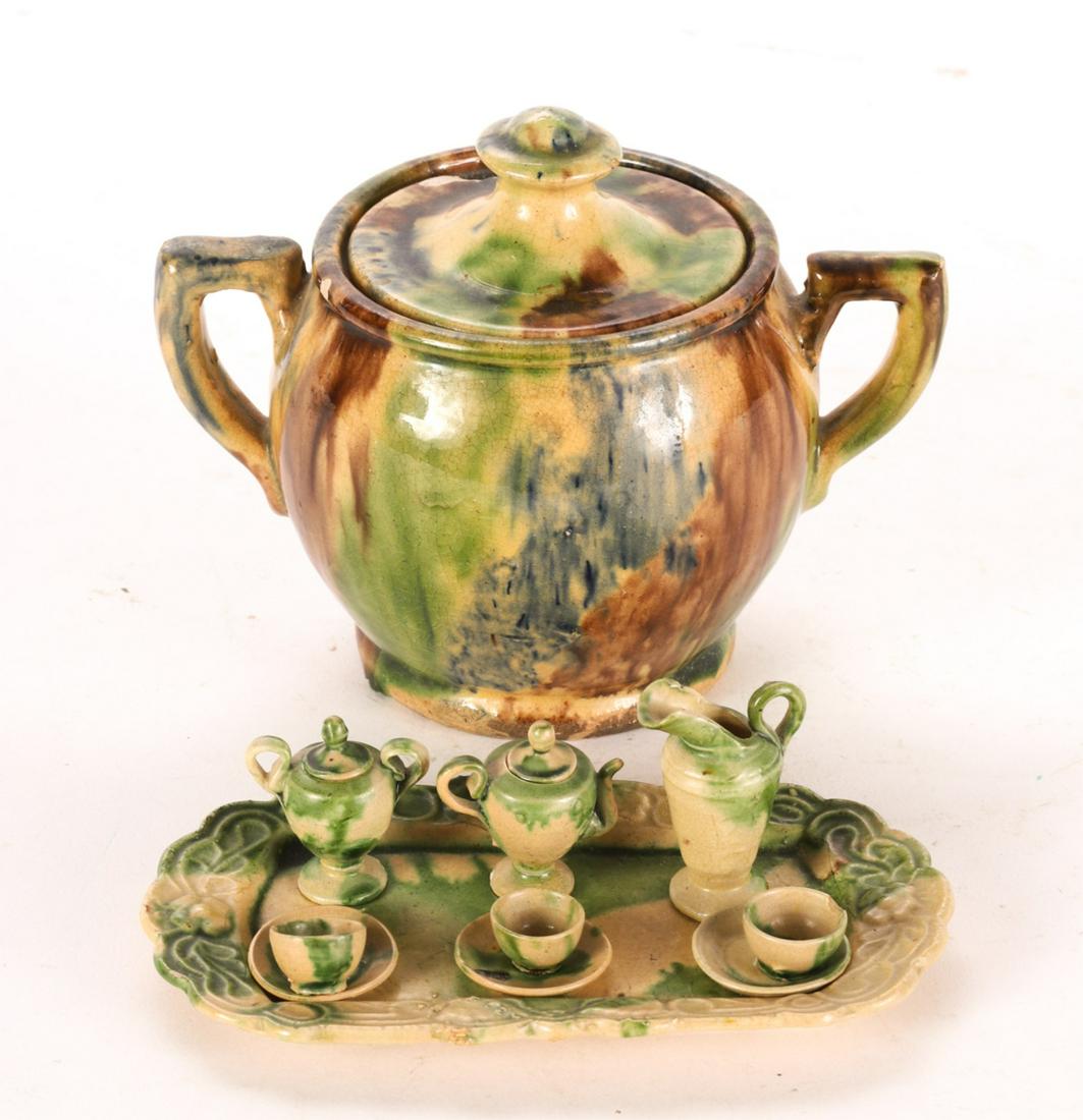 MEXICAN OAXACA MINIATURE TEA SET & SUGAR BOWL: Tea set with Tray, teapot, creamer, sugar (3) cups and saucers. Together with a full-sized sugar bowl. 5 1/2 inch tray and 5 inch sugar bowl