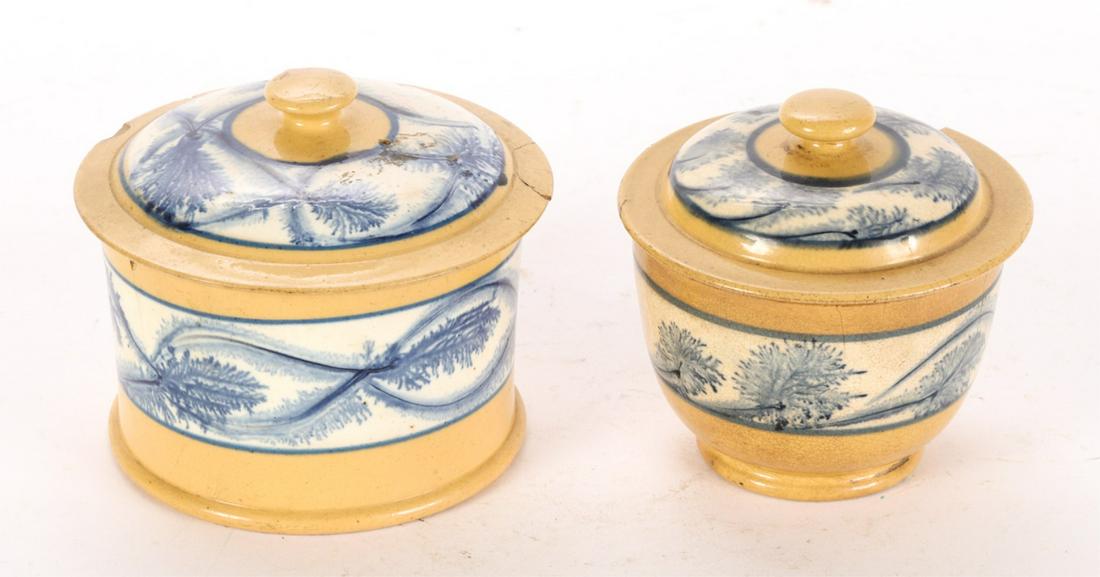 (2) YELLOWARE COVERED BOWLS with MOCHA SEAWEED: 4 1/2 x 5 inches and 4 1/4 x 4 1/4 inches