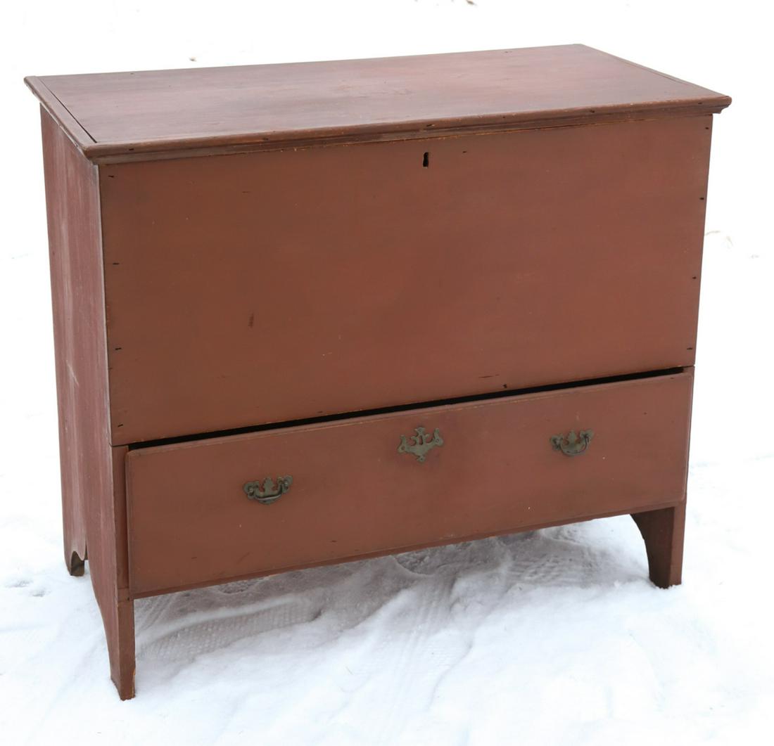 (18th / 19th c) PAINTED (1) DRAWER BLANKET CHEST: Molded top with snipe hinges, molded drawer with early brass hardware and bootjack ends. 35 x 40 x 20 1/2 inches