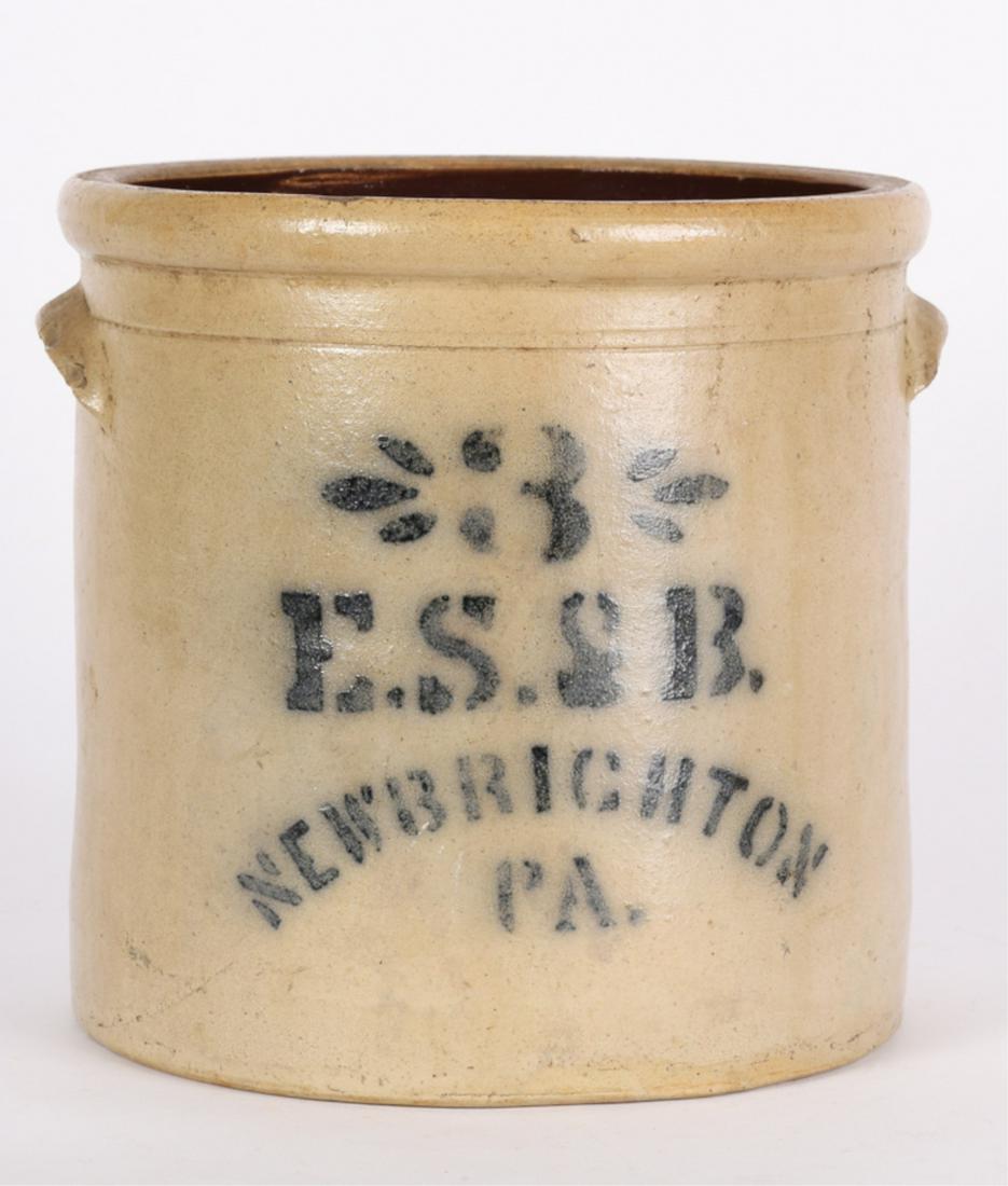 ES & B NEW BRIGHTON PA SALTGLAZED STONEWARE CROCK: (3) Gallon crock with applied handles and cobalt stenciling. 10 1/2 x 10 1/2 inches
