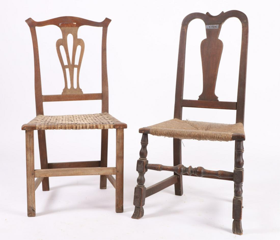 TWO (18th c) MAHOGANY SIDE CHAIRS: Including: Queen Anne example with arched crest, vasiform splat, rush seat block and vase turned legs and Spanish feet and a Chippendale example with shaped ears, pierced splat, split ash seat and mol