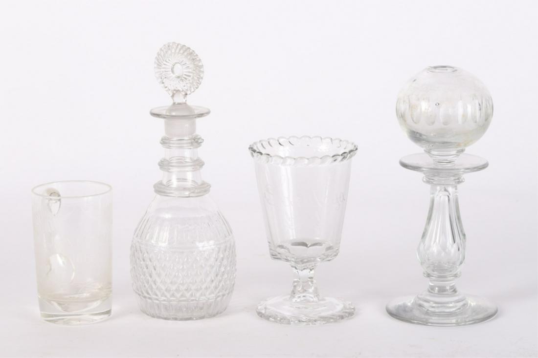 GROUPING OF (19th c) GLASSWARES: Including: "Saratoga 1881" souvenir cup, "Jane Bell 1883" cup etched with ferns, blown molded decanter and a peg lamp applied to footed base/ 9 1/2 inches (and under)