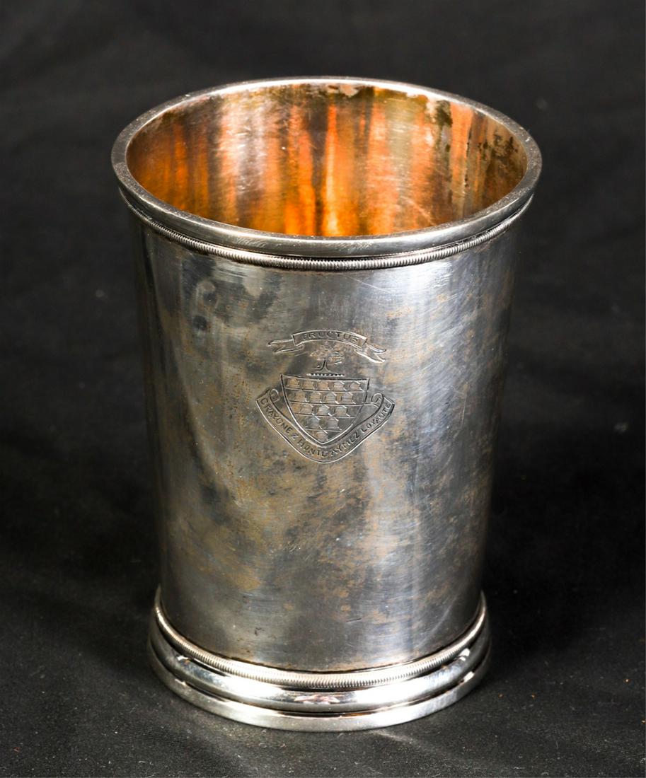 COIN SILVER ARMORIAL BEAKER circa 1820: Molded rim with gadroon work bands. unmarked. 4 inches