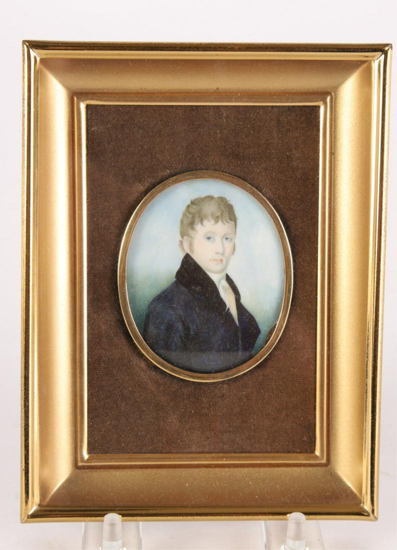 (Early 19th c) PORTRAIT MINIATURE of a YOUNG MAN: Unsigned. 2 1/2 x 2 inches. Presented in a modern frame. 5 3/4 x 4 1/2 inches (overall)