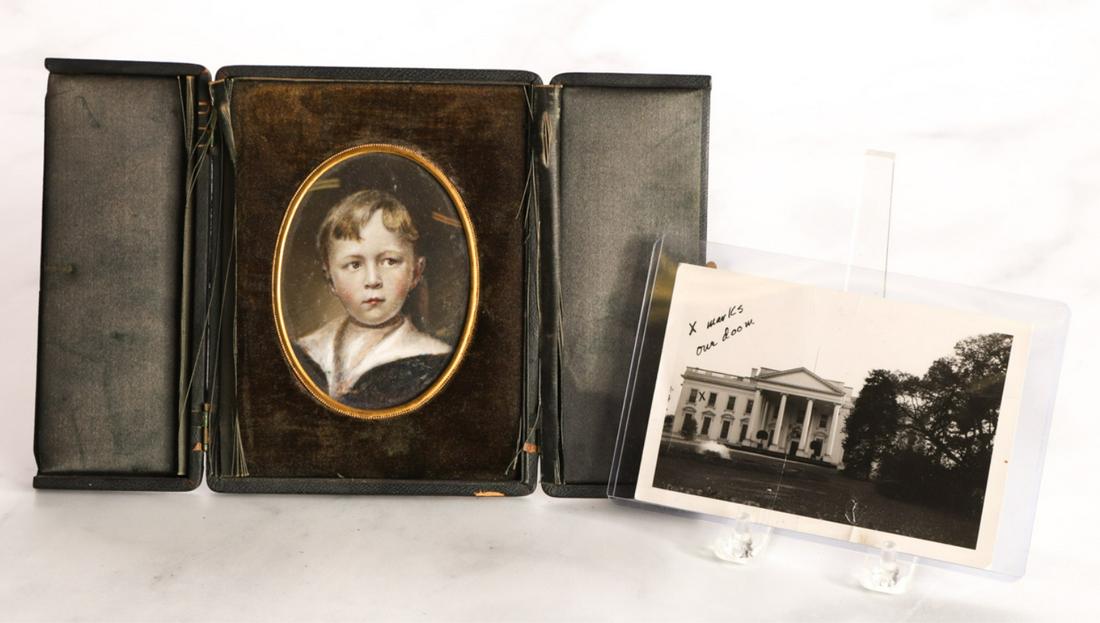 HUGH DUDLEY AUCHINCLOSS II PORTRAIT MINIATURE: Watercolor presented in a tri-fold leather case with brass bezel. 4 x 3 inches. Together with a 3 1/2 x 5 inch photograph of the White House annotated "X marks our doom" Provenance: Estate of Hugh Auc