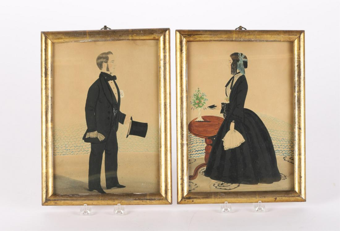 PAIR (Mid 19th c) FULL LENGTH PORTRAIT MINIATURES: Depicting a young couple holding a top hat and book within an interior. The background possibly denotes an ocean separating the two. 11 3/4 x 8 5/8 inches (overall including frame)