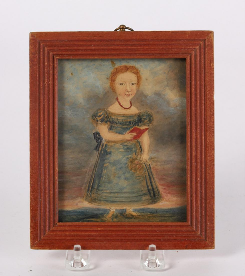 (19th c) FULL LENGTH MINIATURE PORTRAIT: "Young Girl Holding a Book" watercolor on paper 6 1/2 x 5 1/2 inches (overall including frame)