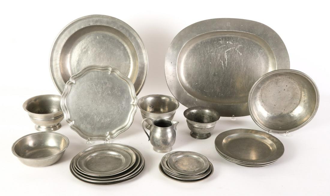 GROUPING OF EARLY AND NEWER PEWTER: Including: Oval broad rimmed platter, dished charger, bowl signed Church?, creamer, and an array of plates and bowls signed: Thomas, Adem, Compton, Robert Palethorp, Samuel Ellis and many unmarked.
