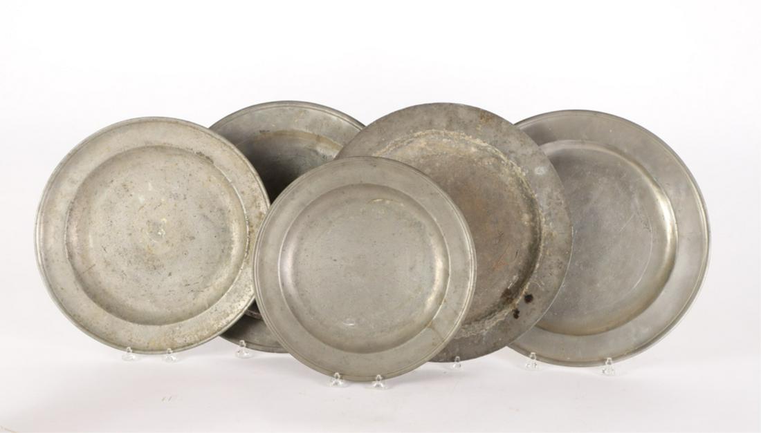 (5) PEWTER PLATES and CHARGERS: Marked: London 12 1/2 inches, London SE 13 1/4 inches , Boardman 14 3/4 inches New York 15 inches and Thomas Badger Boston 15 inches