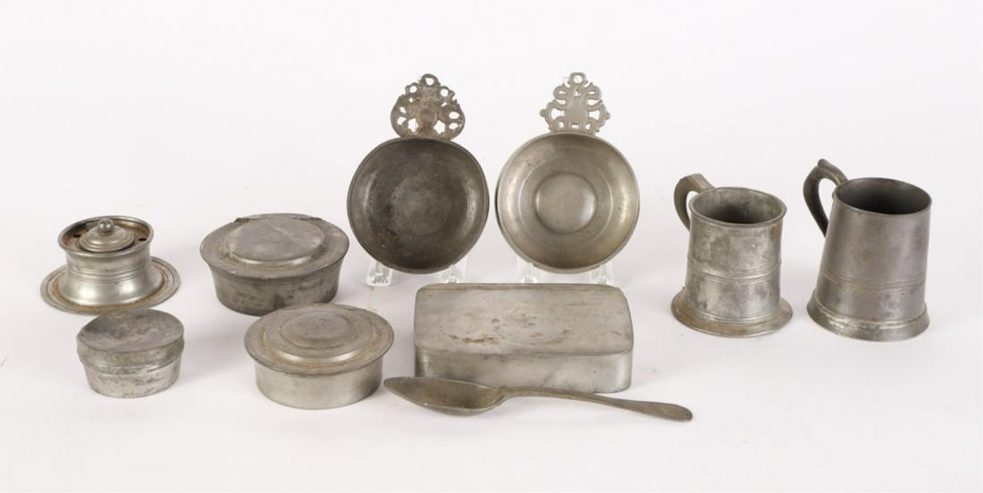 GROUPING OF PEWTER WARES: Including: James Dixon Sheffield box, (2) large inkwells, cannister, (2) porringers, (2) mugs, a third inkwell and a 8 1/4 inch tablespoon