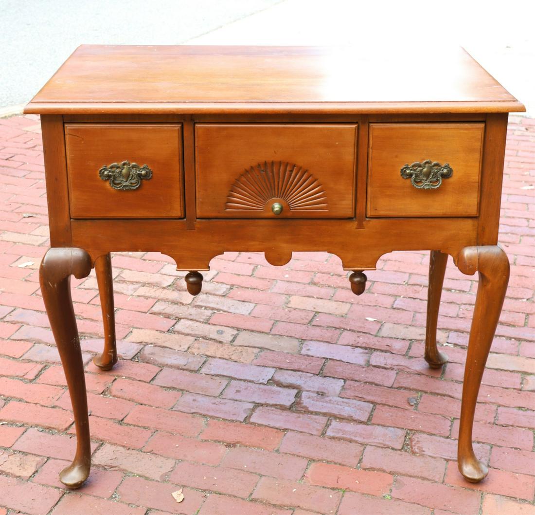 (18th c) QUEEN ANNE MAPLE LOW BOY: Molded top over (3) molded drawers, shaped apron, acorn drops, cabriole legs and pad feet. 35 x 38 x 22 inches