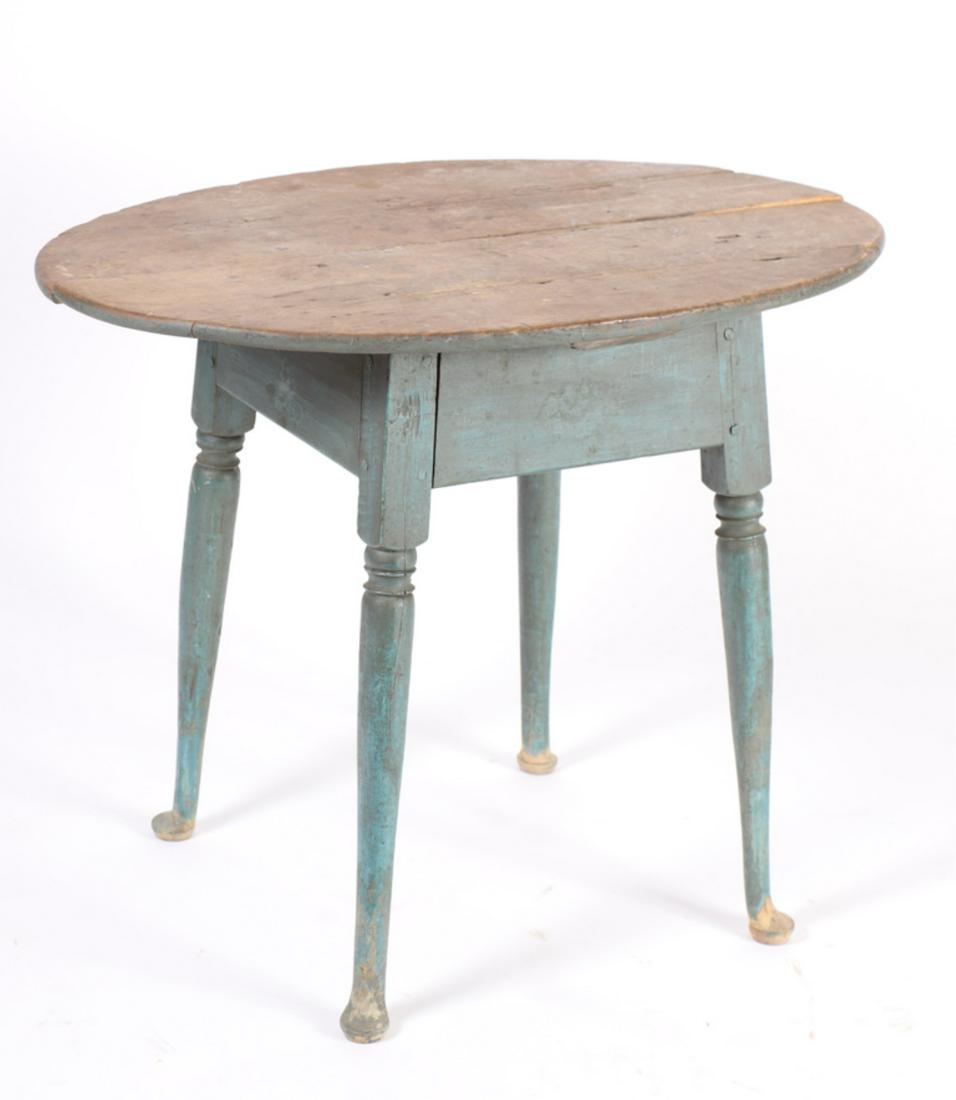 (18th c) RESTORED QUEEN ANNE TAP TABLE: Joined construction with oval top, straight ring turned splayed legs and pad feet. 27 1/2 x