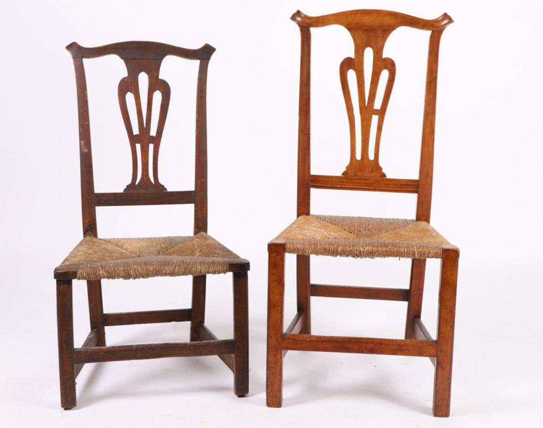 CHIPPENDALE MAHOGANY & MAPLE SIDE CHAIRS: Shaped and carved ears, similar pierced vasiform splats, rush seats and molded legs supported by (4) stretchers. 39 x 18 1/2 x 15 inches with 17 inch seat and 35 1/2 x 19 x 15 inches with 14 inch seat