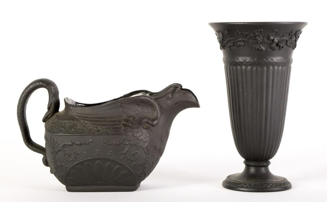 BASALT CREAMER AND WEDGWOOD VASE: Eagle-form creamer with swan handle. 3 1/2 x 6 1/2 inches. Vase marked Wedgwood (illeg) is 6 inches