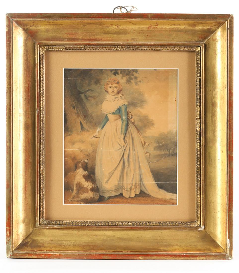 IN THE MANNER OF JOHN RUBENS SMITH (1775-1849): "Full Length Portrait of a Woman with her Dog in a Landscape" watercolor 8 x 6 1/2 inches. unsigned. framed 14 x 13 inches (overall)