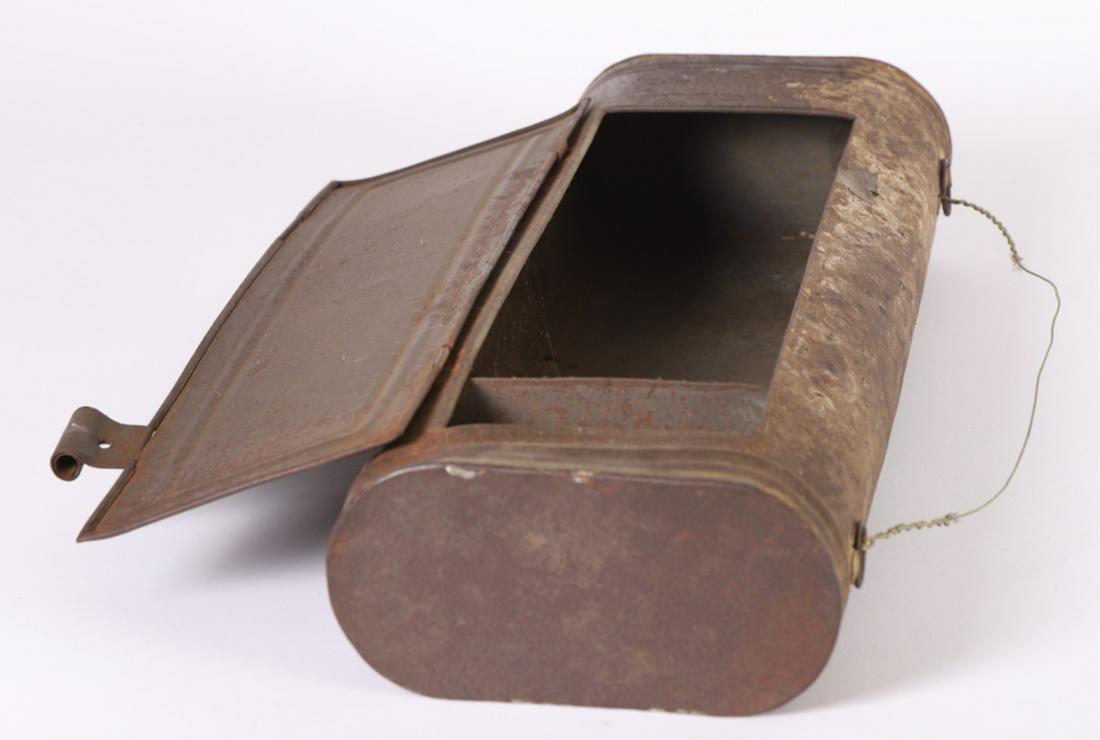 TIN CANDLE BOX: Hinged lid opens to (2) compartments. 20 x 7 1/2 x 3 1/2 inches