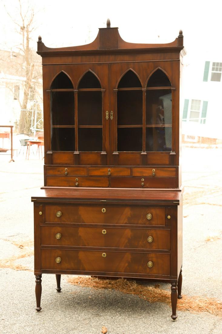 FEDERAL PERIOD (2) PART SECRETARY DESK: Drop front, fluted legs. 84 1/2" x 42 1/2" x 21"