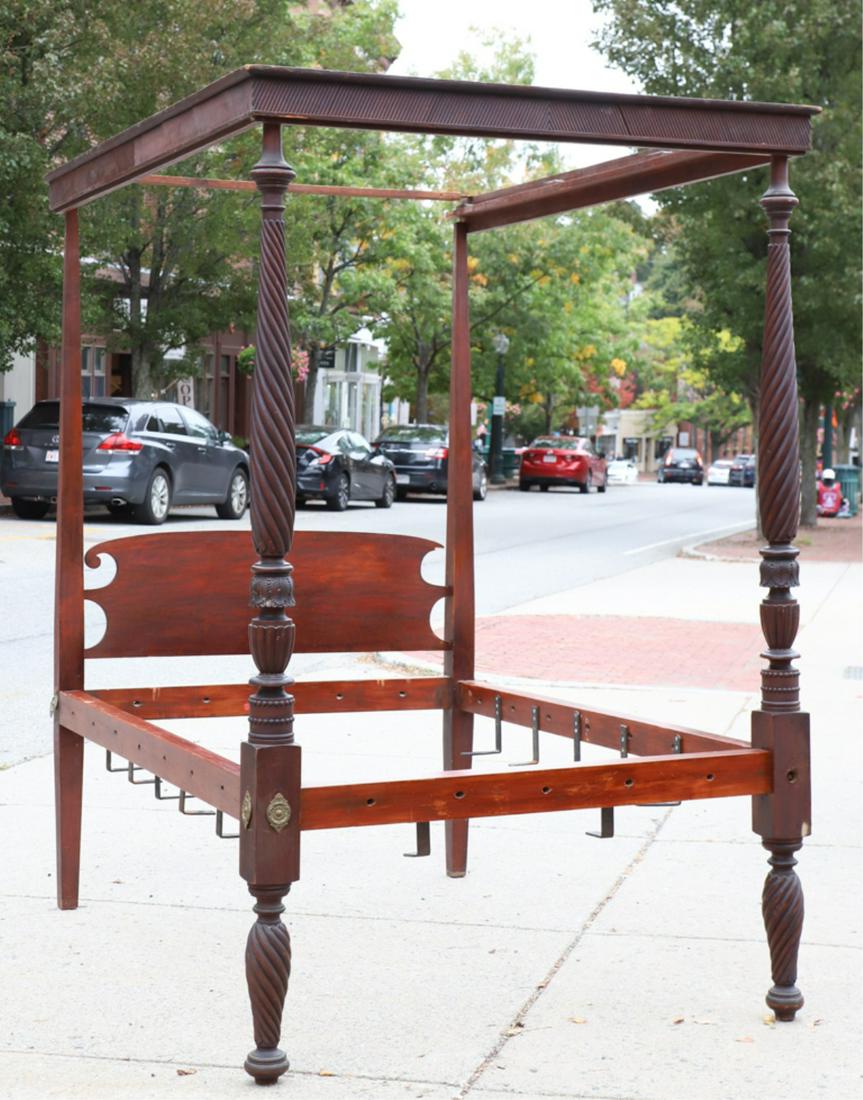 FEDERAL PERIOD MAHOGANY (4) POSTED BED: Foot with boldly turned and carved post, Shaped pine headboard with maple pencil posts. Posts 84 inches. Bed measures 48 x 72 1/2 inch (interior)