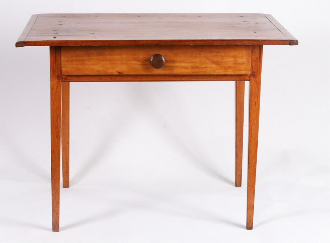 HEPPLEWHITE 1 DRAWER WORK TABLE w BREADBOARD ENDS: Rectangular top with breadboard ends over broad drawer with wooden pull and tapered legs. 28 x 38 x 26 1/2 inches