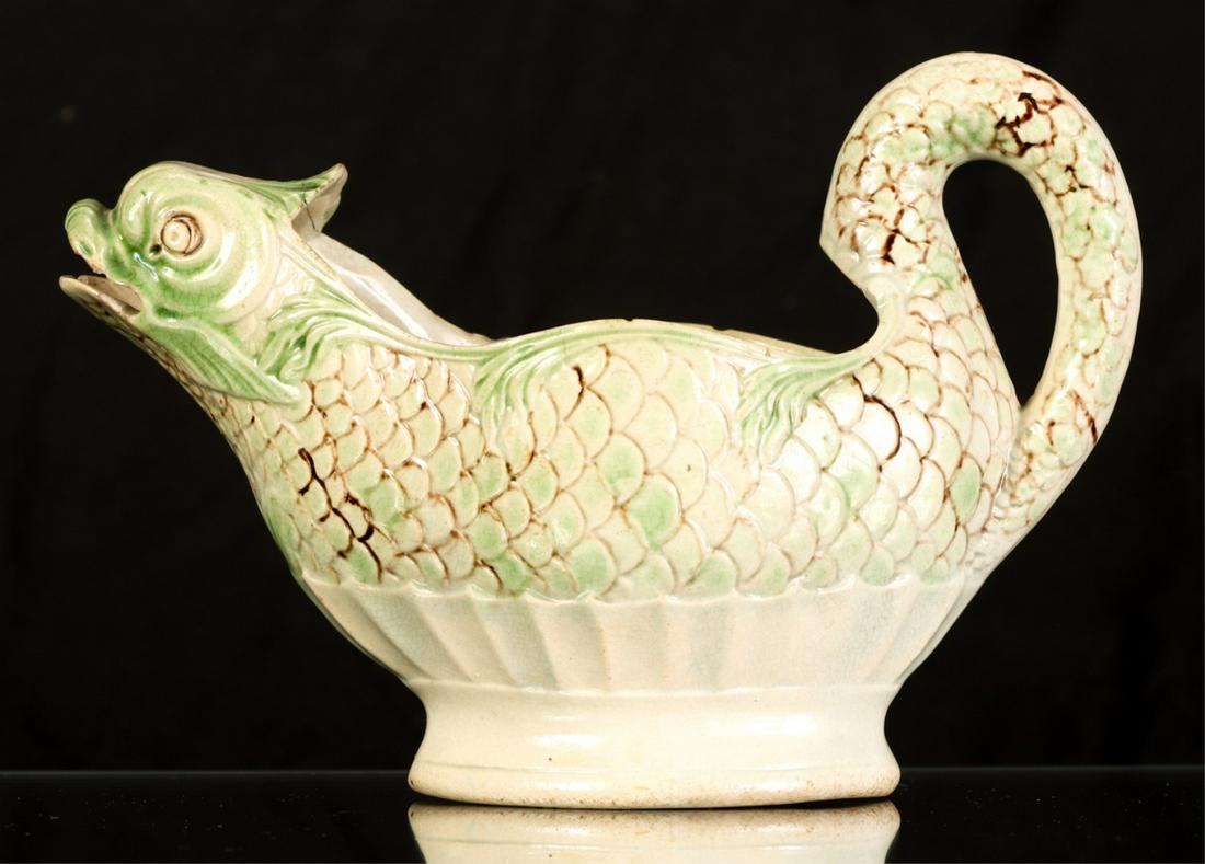(18th c) DOLPHIN-FORM CREAMWARE SAUCE BOAT: 5 x 6 1/2 inches