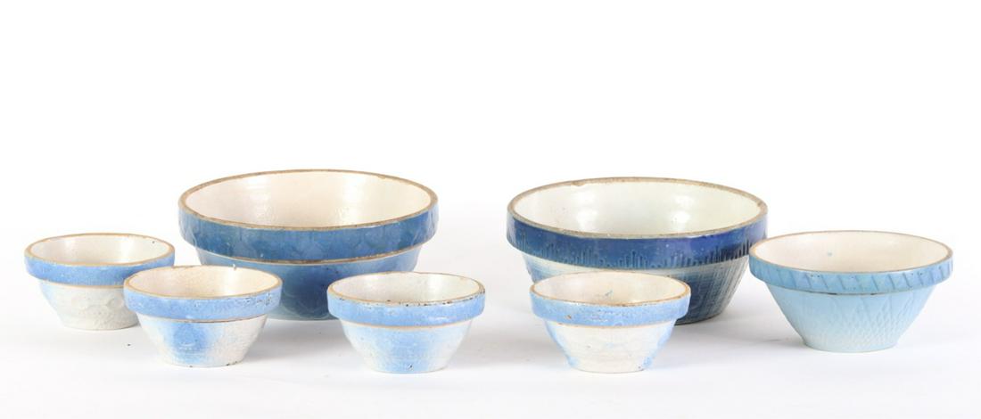 (7) BLUE AND WHITE STONEWARE BOWLS: 3 3/4 x 9 1/2 inches (and smaller)