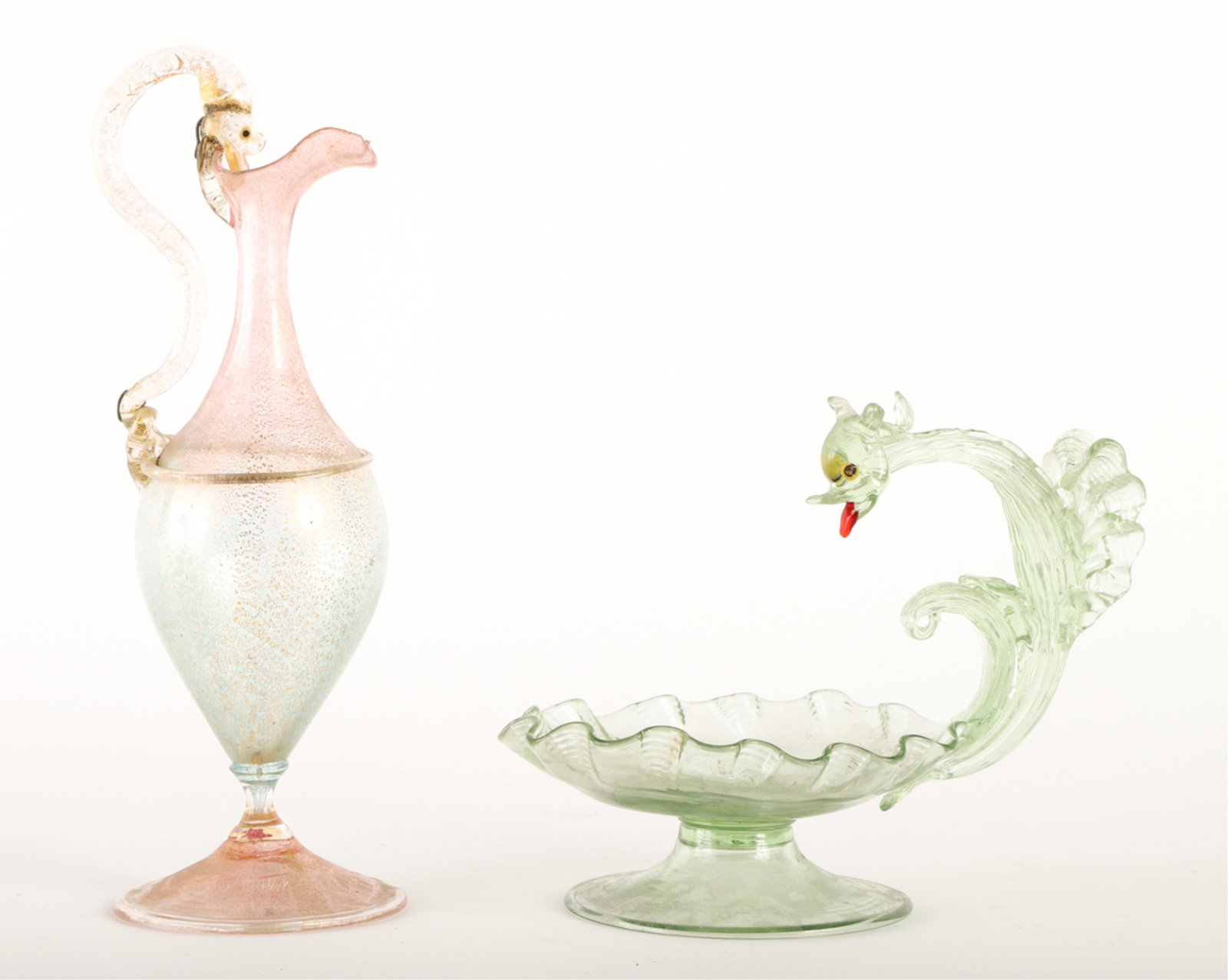 MURANO GLASS VENETIAN EWER with SNAKE HANDLE etc: (3) Color hand blown glass with gold flecks. 10 inches Together with a dragon-form footed pin tray. 5 1/2 inches