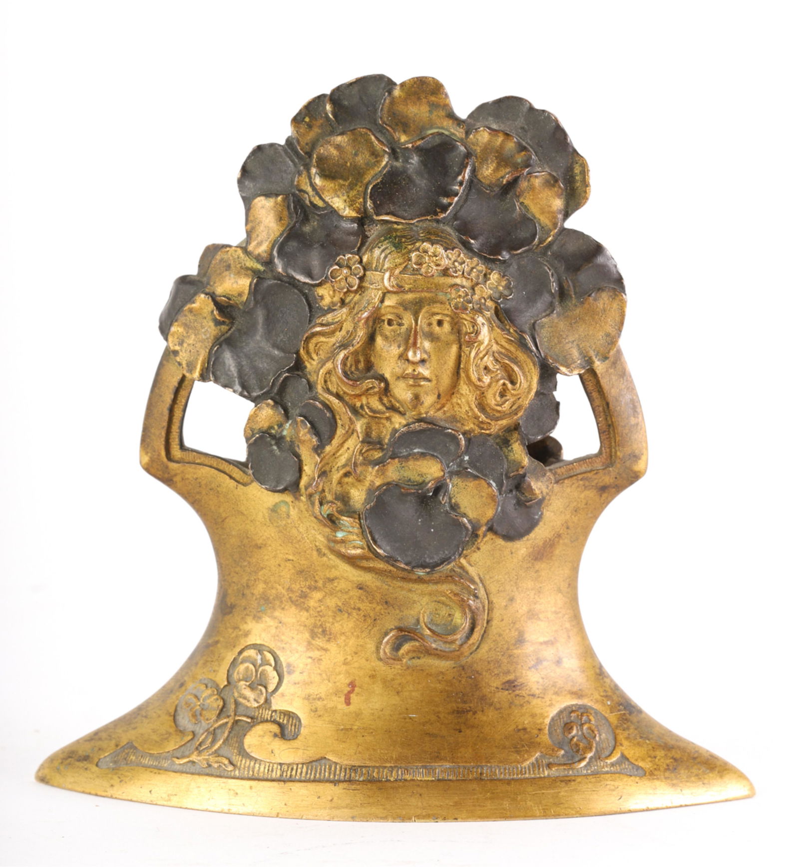 CHARLES KORSCHANN ART NOUVEAU BRONZE VASE: Depicting a woman surrounded by pansies. gilt bronze. Louchette Paris. 5 inches