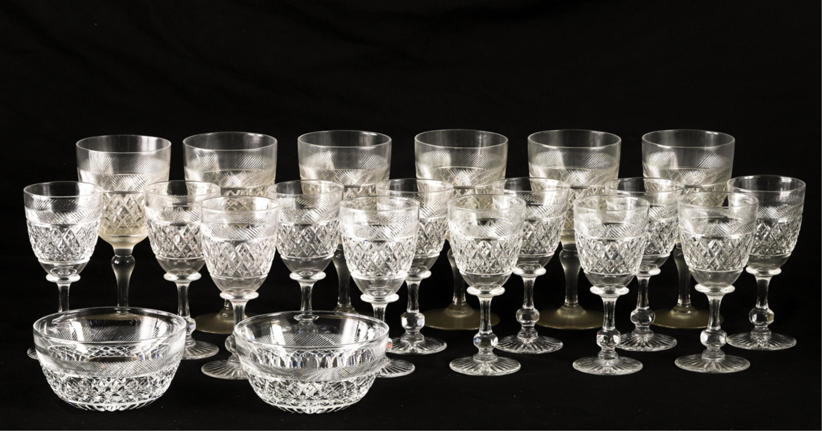 (20) WEBB made in TUDOR CRYSTAL WINES, CORDIALS & BOWLS: Holbein patten. 6 x 5 and 2 1/2 x 4 1/2 inch bowls