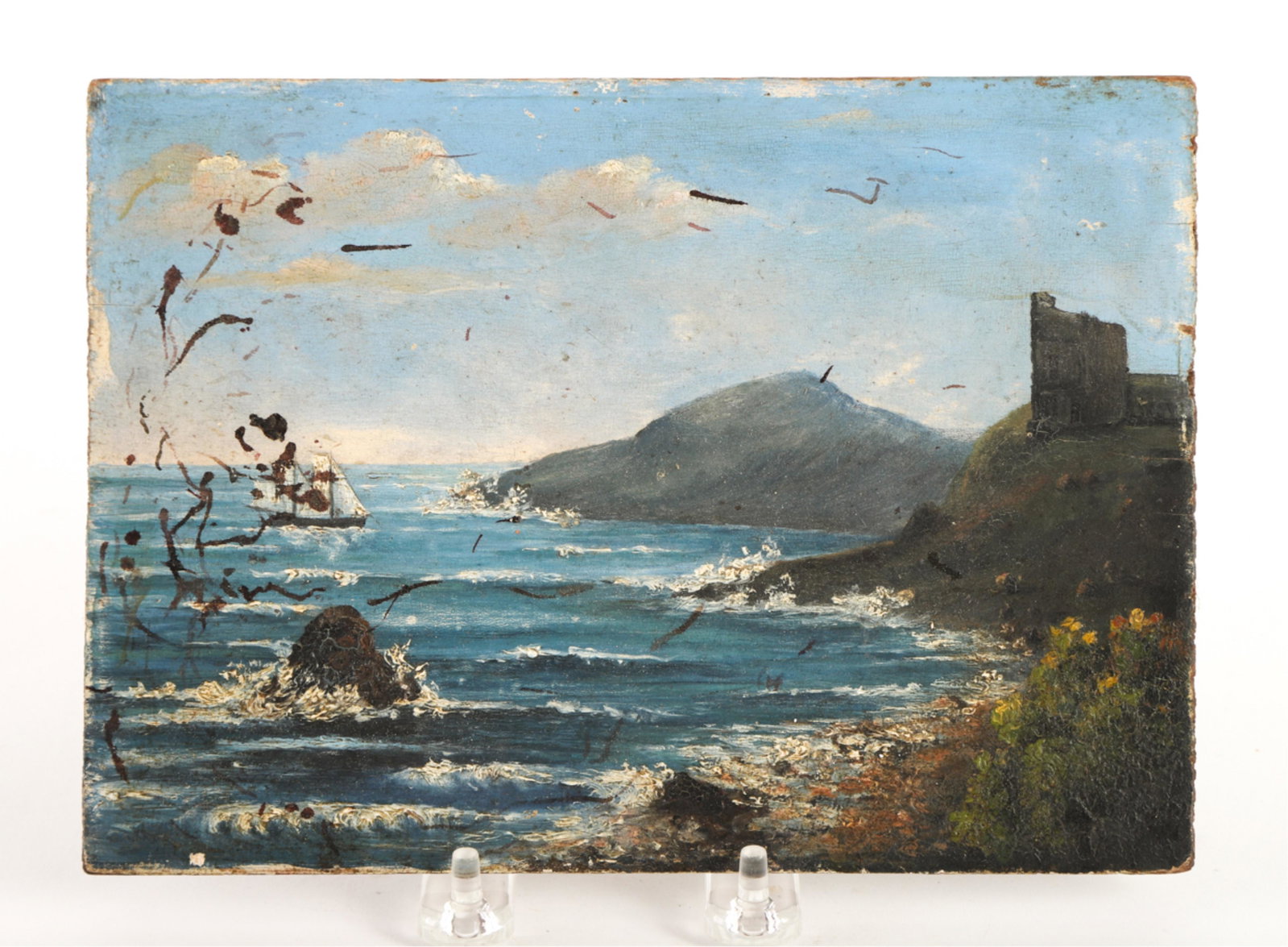 AMERICAN SCHOOL (19th c) "Romantic Coastal View": Unsigned, unframed. oil on panel 6 1/4 c 8 3/4 inches.