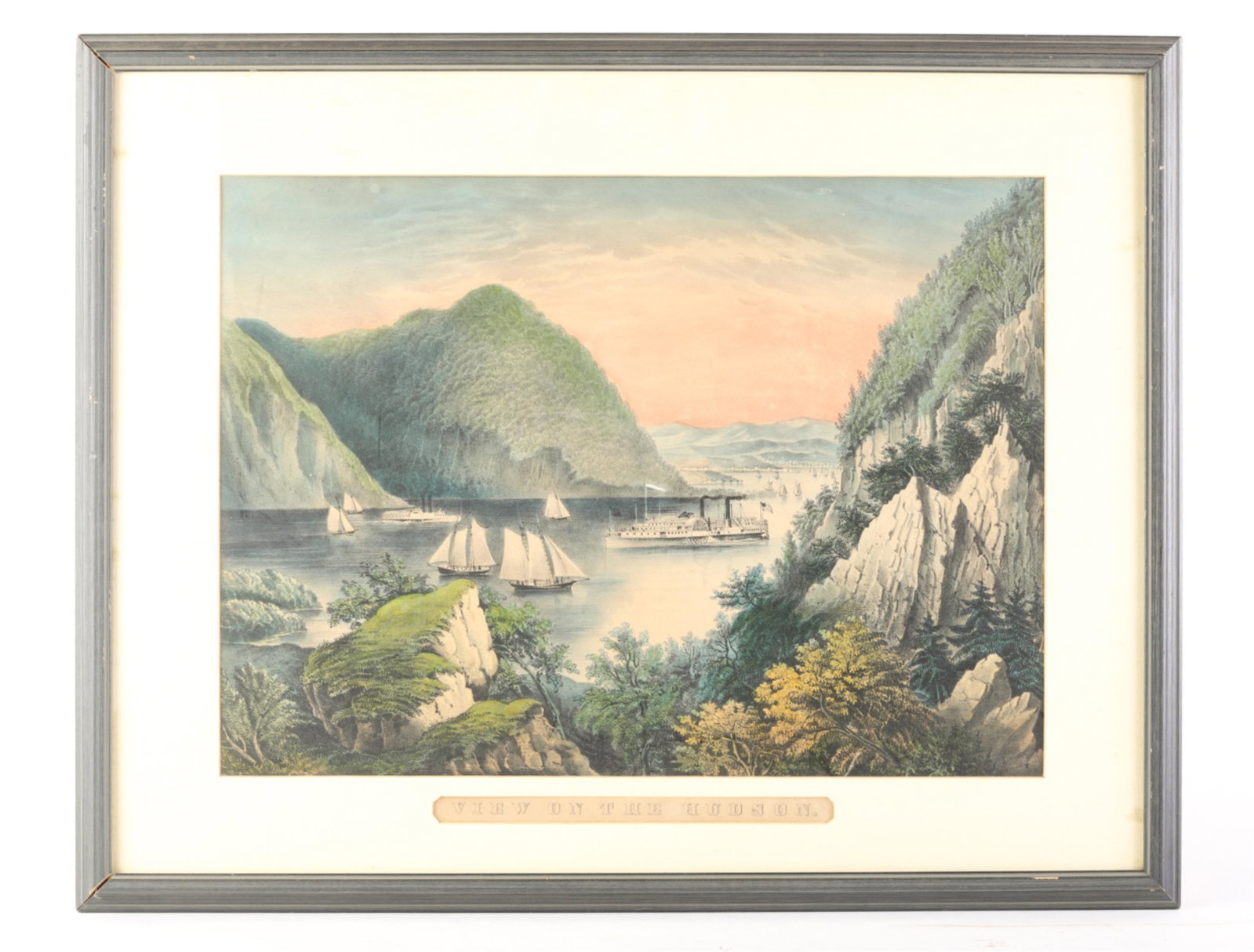 CURRIER AND IVES "VIEW ON THE HUDSON": Lithograph in color. 21 x 27 inches (overall including frame)