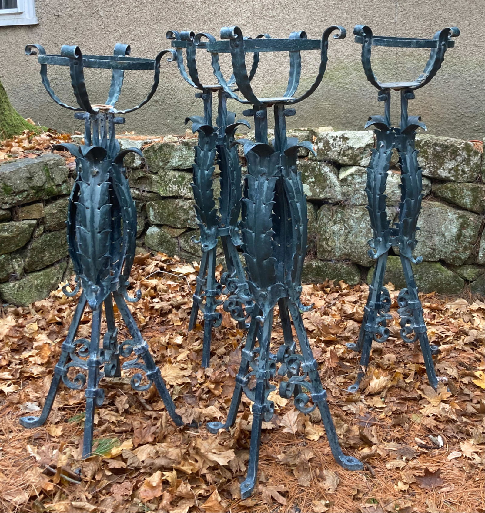 SET OF (4) HEAVY WROUGHT IRON PLANT STANDS: 43 x 15 x 15 inches