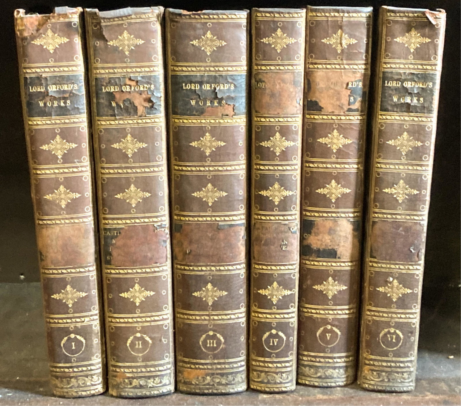 (6) VOLUMES "WORKS OF HORATIO WALPOLE": London, Printed for Robinson, 1798. hardcover full leather bound. 11 3/4 x 9 1/2 inches