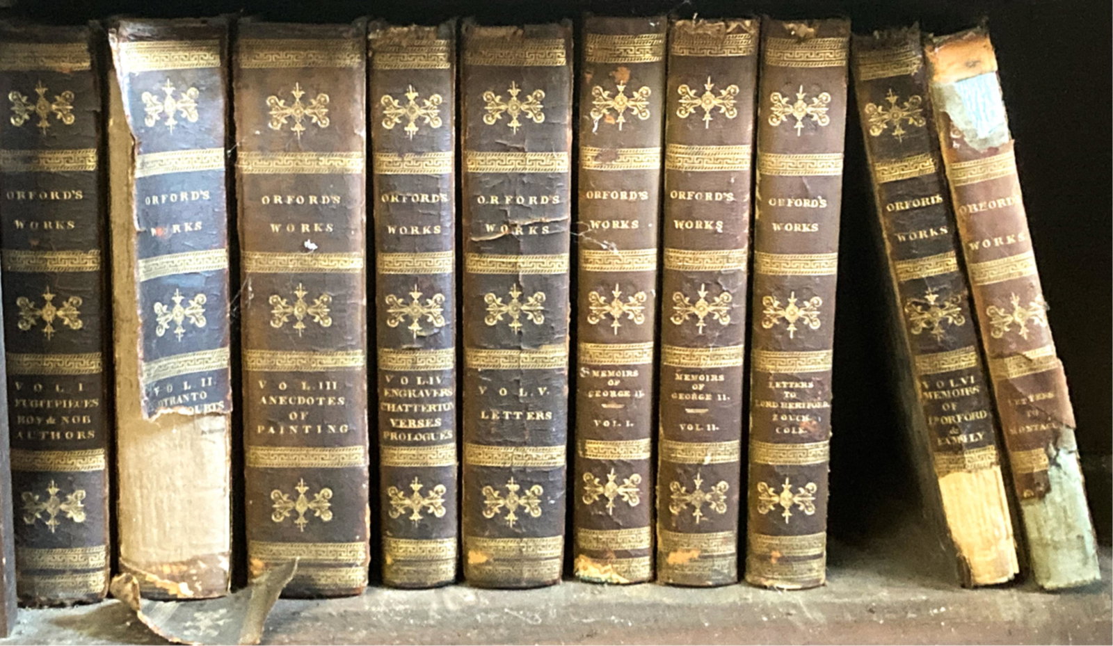 (10) VOLUMES "WORKS OF HORATIO WALPOLE": London, Robinson, 1798, 12 x 9 1/2 inches hard cover leather bound