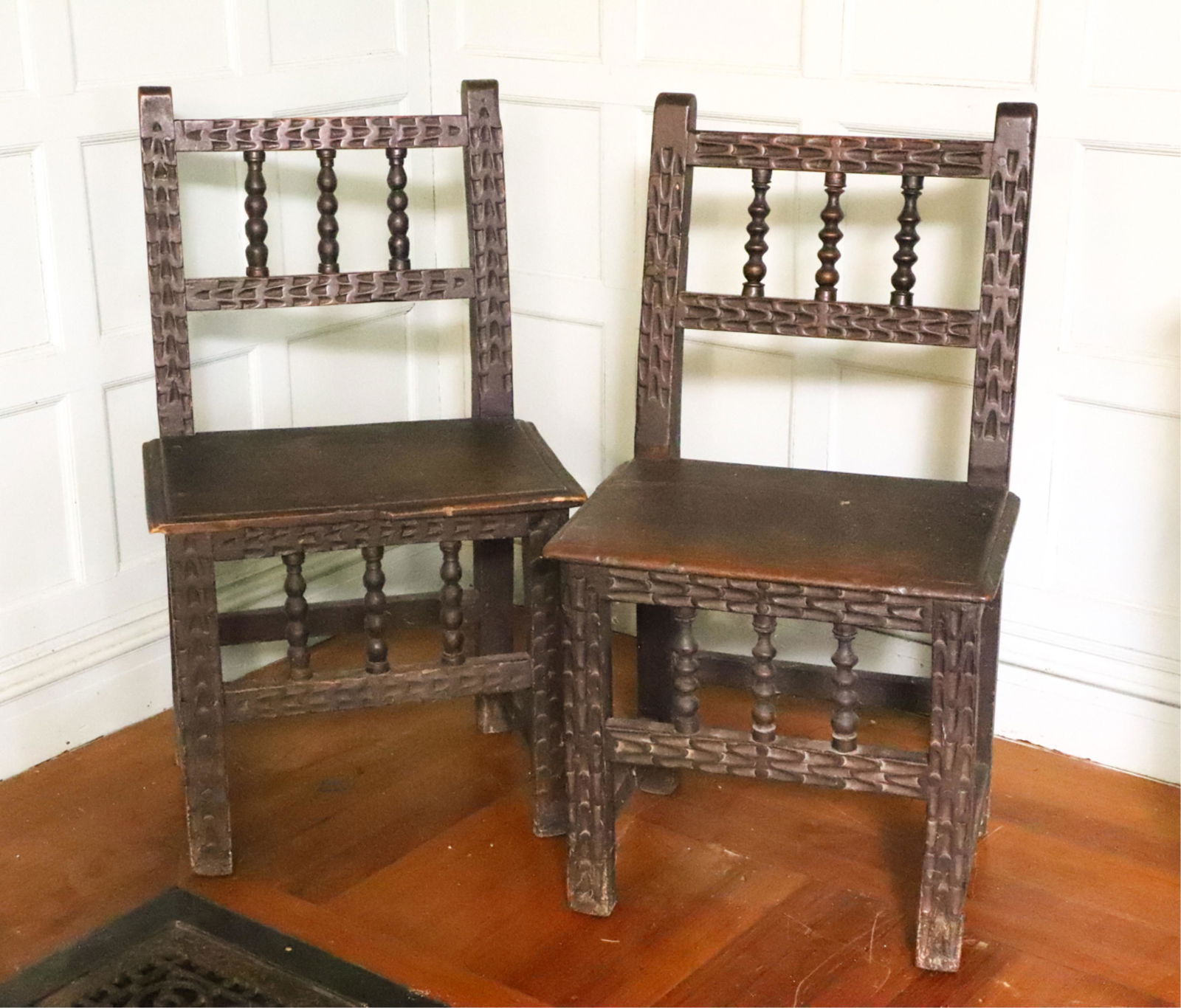 PAIR OF (17th /18th c) CHIP CARVED OAK SIDE CHAIRS (1 of 7)