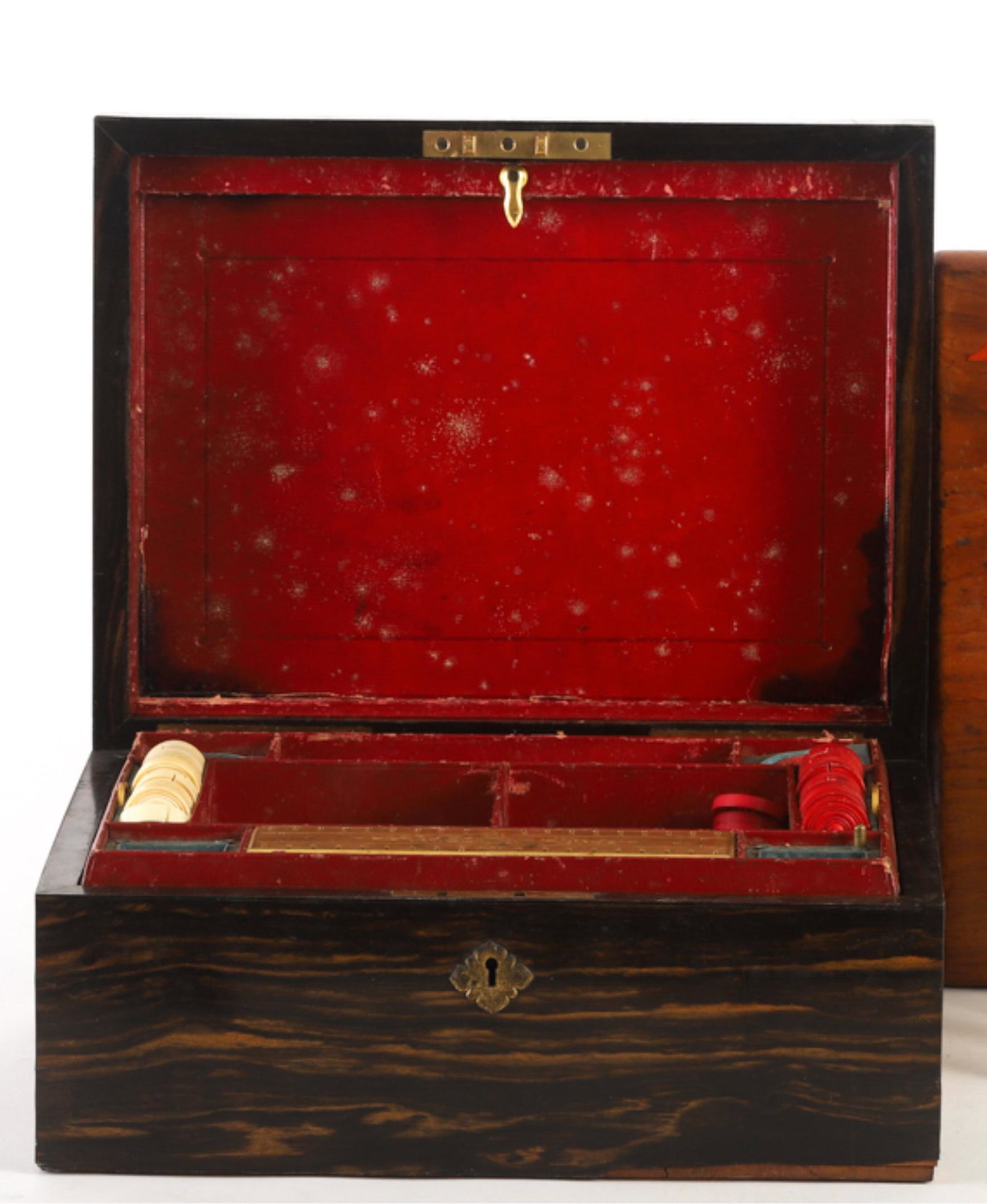 BEZIQUE GAME BOX HOWARD & CO. NEW YORK: Wonderfully grained veneer chest fitted with tray and compartments for various games including cribbage. 6 x 12 1/2 x 9 inches.