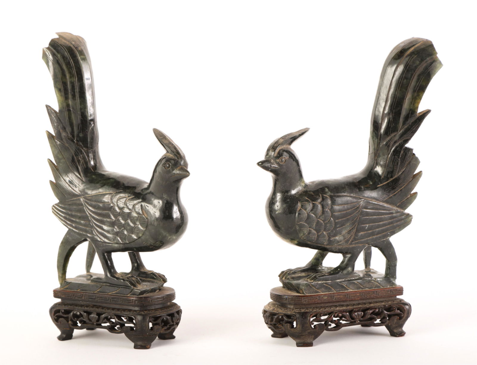 19th c PAIR CHINESE CARVED SPINACH JADE PHEASANTS (1 of 13)
