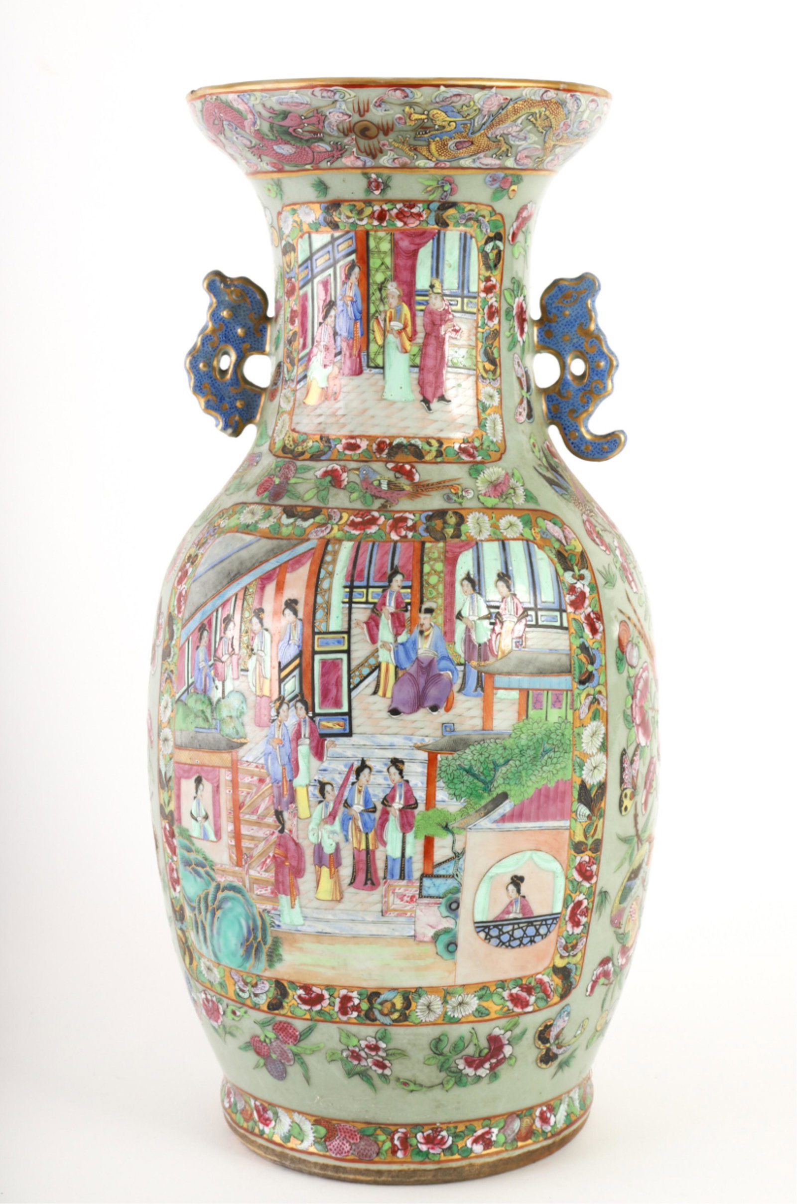 (19th c) CHINESE FAMILLE ROSE PORCELAIN URN: Decorated with exterior court scenes. 18 inches