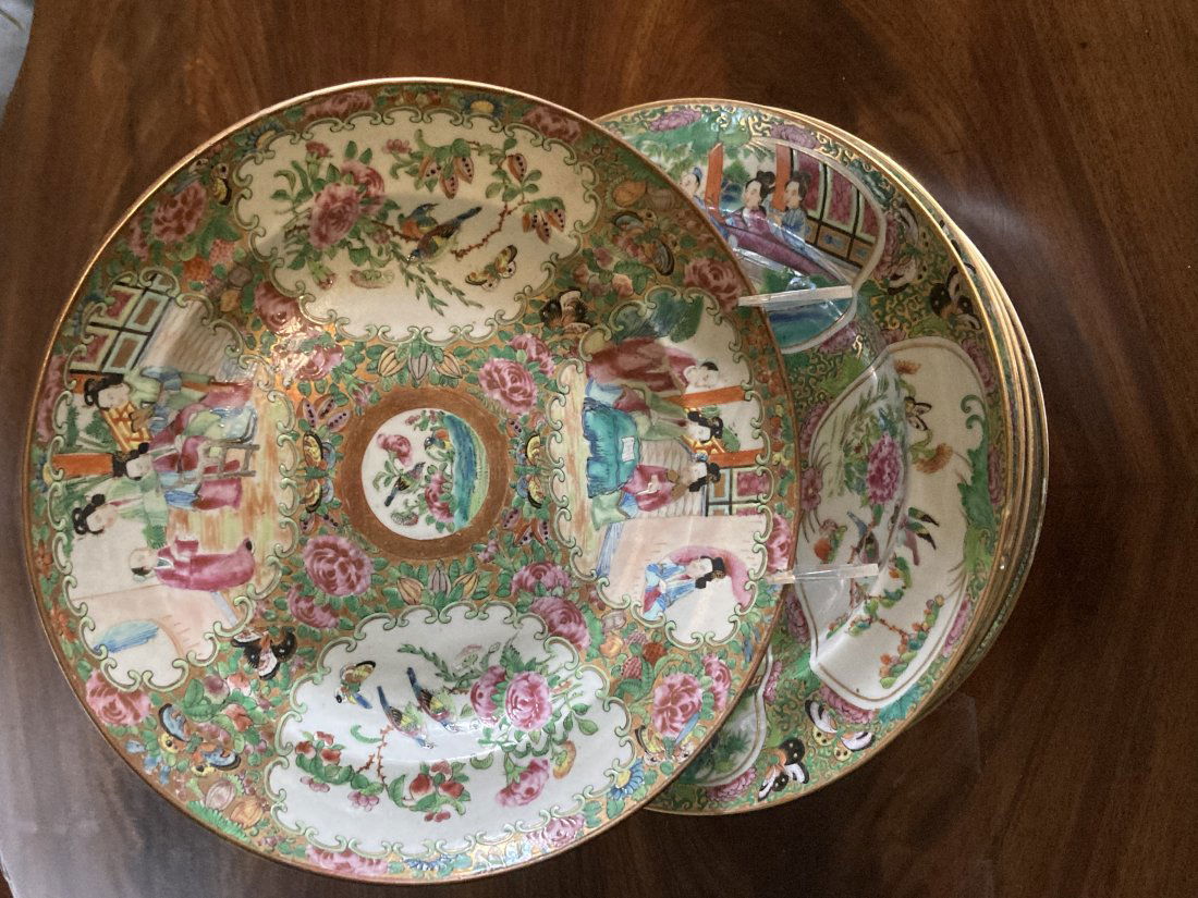 (19th c) (8) ROSE MEDALLION DISHED PLATES (1 of 8)