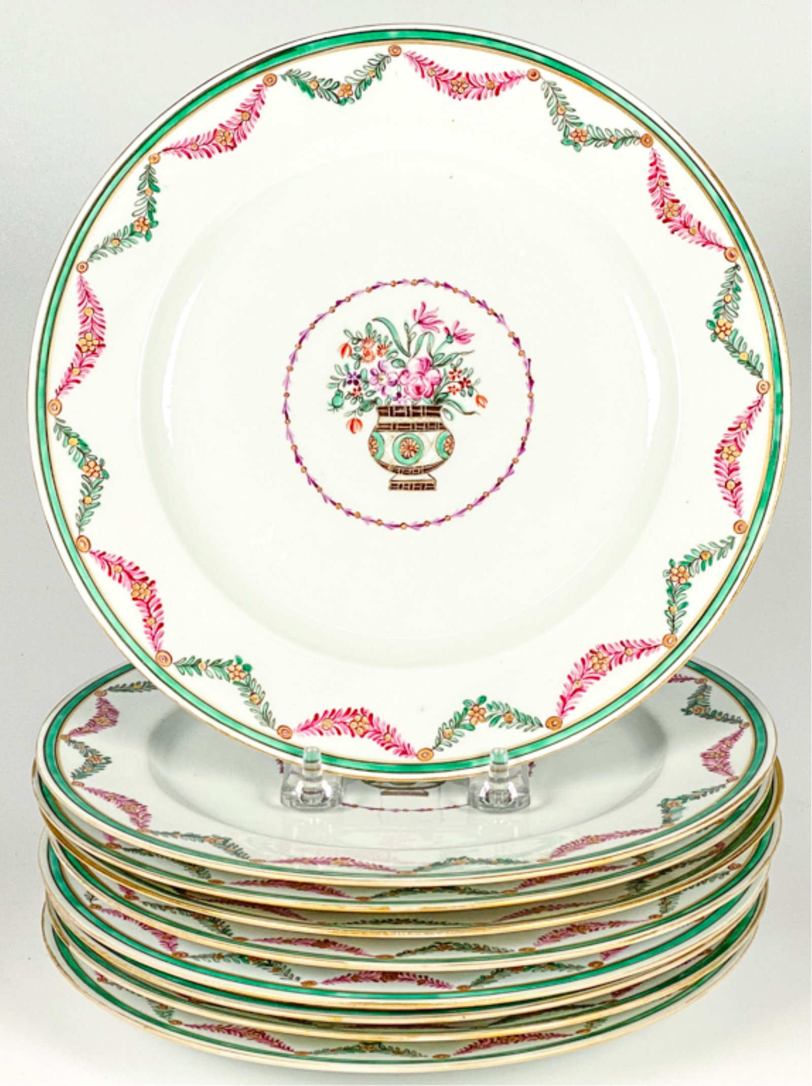 SET OF (9) FINE QUALITY HAND PAINTED EXPORT PLATES: Nicely decorated rims with center floral design. 9 1/4 inches.