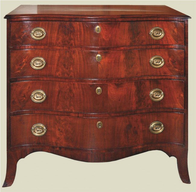 Massachusetts Hepplewhite reverse serpentine chest: Massachusetts Hepplewhite reverse serpentine chest with original stylized lion brasses on french feet. Height: 36 3/4" Width: 41 1/2" Depth: 22 3/4"