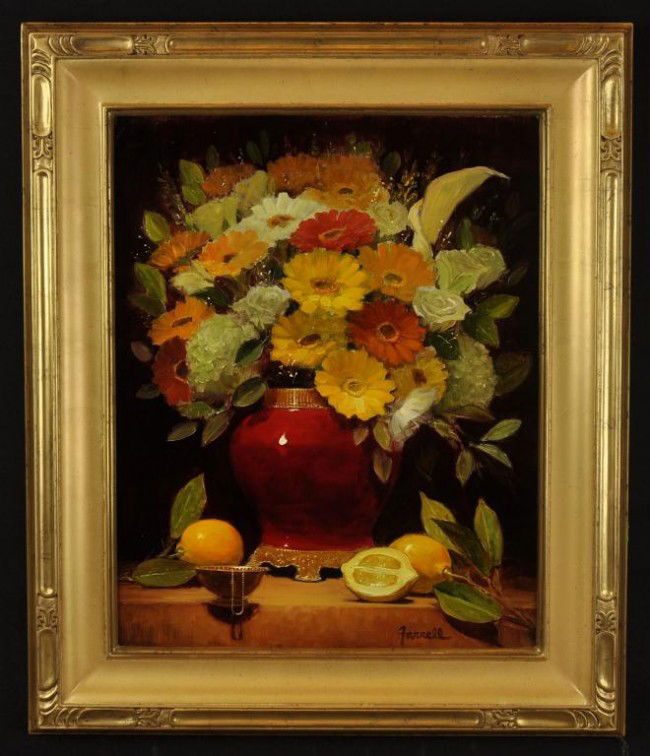 American School (20th century) Still life with flo: American School (20th century) Still life with flowers and lemons, signed Farrell, L.R. Acrylic on canvas, 20"" X 16"" framed