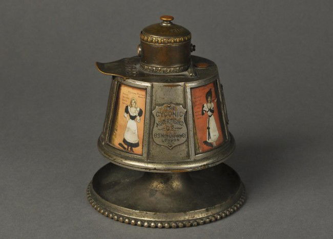 Rare advertising store display by the Cyconic Adve: Rare advertising store display by the Cyconic Advertising Co. 83 New Oxford St London, Box 8380 Harrison's Patents, with a cigar cuteer, match holder and strike with bell. Nickeled bronze with glass w