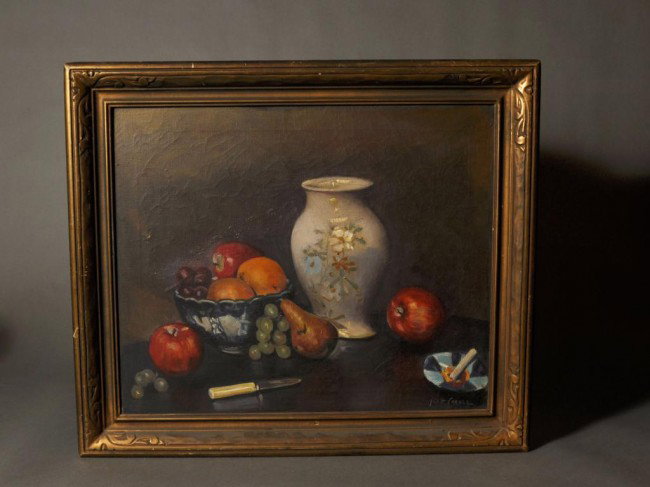 Scott Carbee, American (1860-1946) still life wit: Scott Carbee, American (1860-1946) still life with fruit andd vase, signed Scott Carbee, L.R.. Oil on canvas, 20"" X 24"" framed