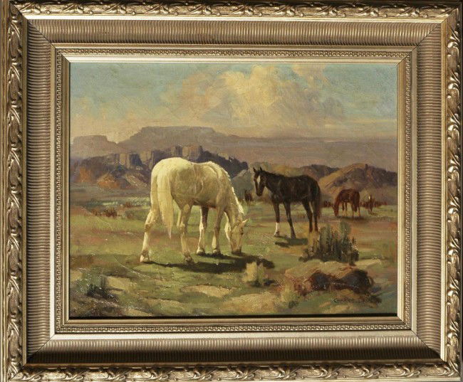 Charles Damrow, American (1916-1989) Horses grazin: Charles Damrow, American (1916-1989) Horses grazing in western landscape, signed Charles Damrow, L.R. Oil on canvas, 14"" X 18"" framed